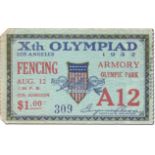 Olympic Games Los Angeles 1932 Ticket Fencing - Armory Olympic Park. 13th August, 8 x 5 cm.