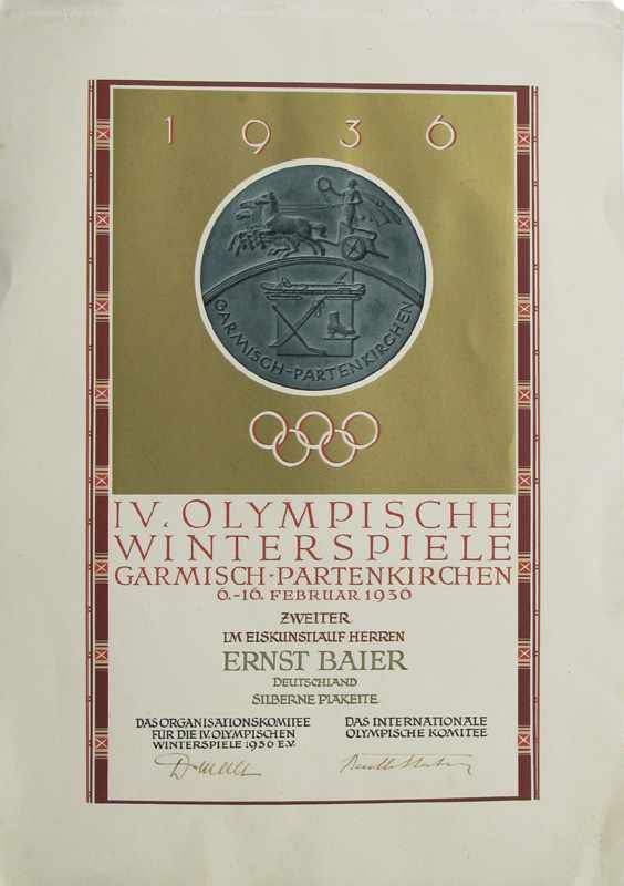 Olympic Winter Games 1936 Diploma - Ernst Baier's official winner diploma for the second place in