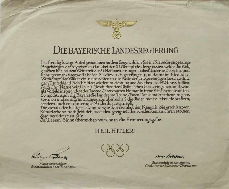 Olympic Games 1936 Bavarian Diploma of honour - Offical diploma of honour awarded by the Bavarian