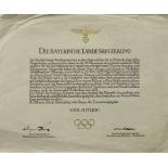 Olympic Games 1936 Bavarian Diploma of honour - Offical diploma of honour awarded by the Bavarian
