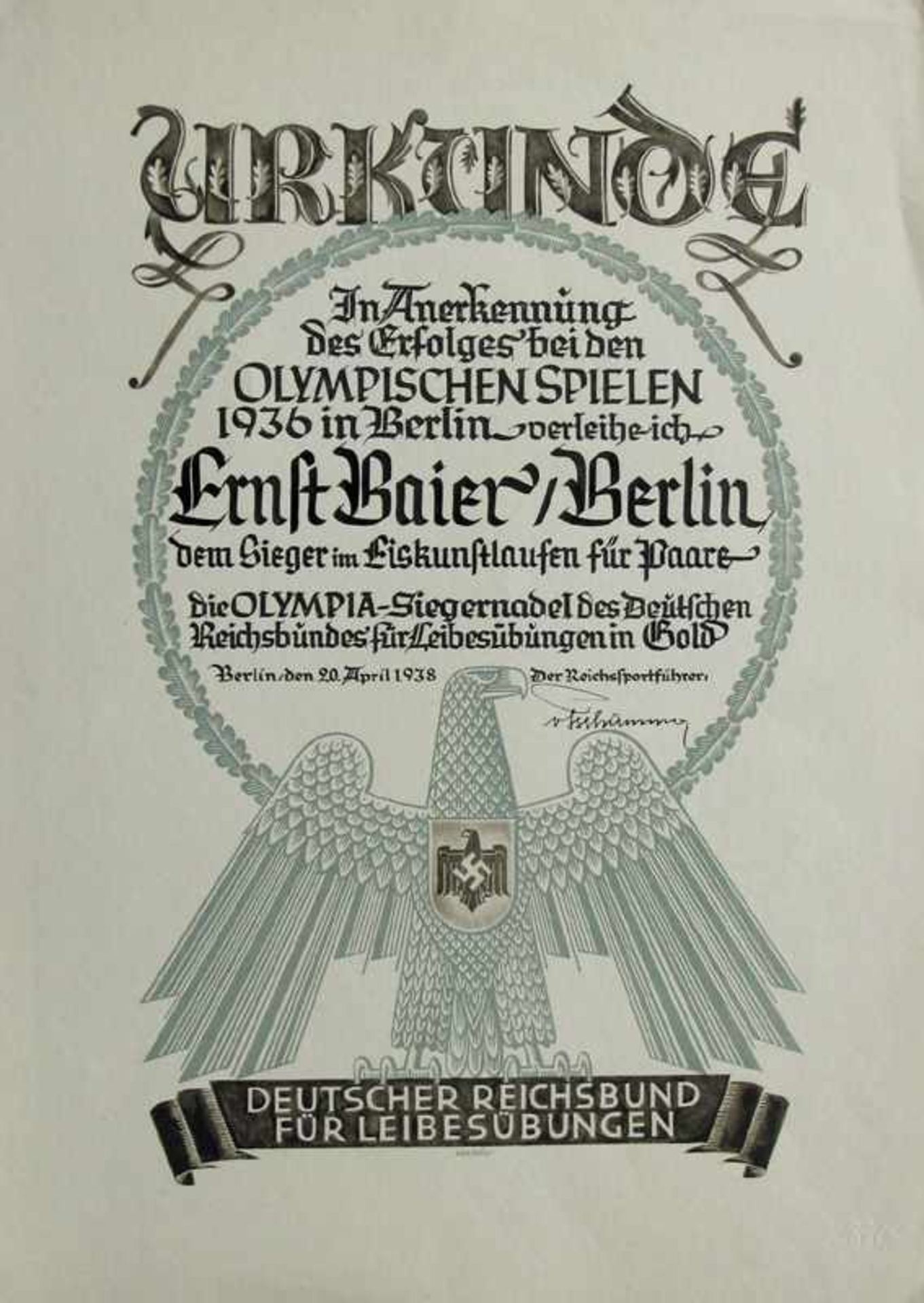 Olympic Games 1936 German Diplom for medal winner - Official diploma about the awarding of the