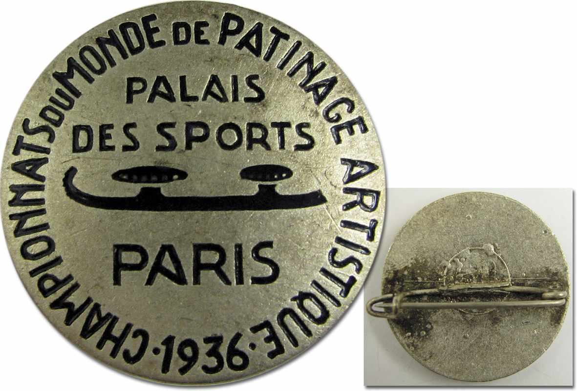 Figure Skating World Championships Paris 1936 Pin - Participation badge for the Figure Skating World