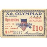 Ticket Olympic Games Los Angeles 1932. Gymnastic - events on 10th august 1932. Size 8x5cm,