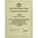 Olympic Medal Winner 1936 Diploma of honour - Ehrenurkunde - "Deutsche Eislauf Union. Ehrenurkunde
