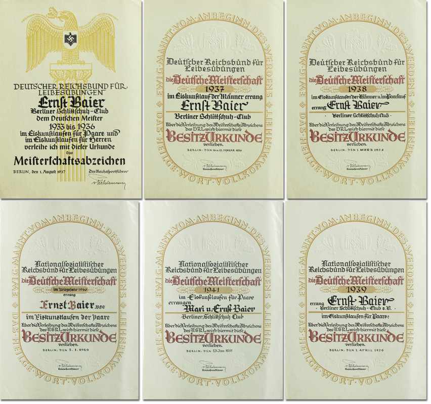 German Figure Skating Championships 1933-1940 Dip - Collection of diplomas which belonged to Ernst