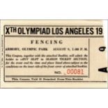 Olympic Games Los Angeles 1932 Ticket Fencing - Armory Olympic Park. 9th August, 10.5x7 cm.
