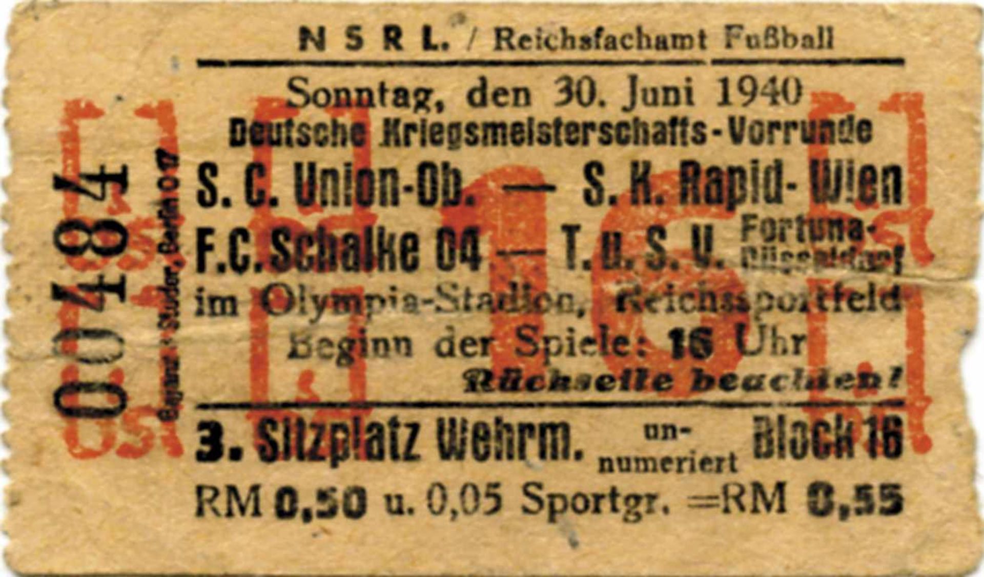 German Football Ticket 1940 Schalke Rapid Duessel - Eintrittskarte DM1940 - Schalke 04 - Fortuna