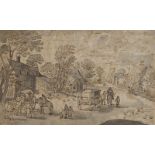 ESCUELA FLAMENCA, H. 1700 Escena en una aldea Tinta parda y aguada gris sobre papel adherido a