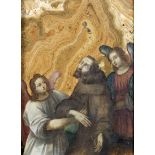 ESCUELA ESPAÑOLA SIGLO XVII San Francisco asistido por dos ángeles Óleo sobre mármol travertino.