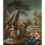 PIETRO FABRIS (act. 1754-1804) Una familia de aldeanos y un peregrino, 1770/1780 Óleo sobre tela.
