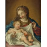 ESCUELA ITALIANA SIGLO XVIII Virgen con Niño dormido Óleo sobre cobre. 32,2 x 24,6 cm. Inscrito en