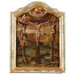 ESCUELA FLAMENCA SIGLO XVII Crucifixión Óleo sobre tabla. 55 x 40 cm. La obra aquí presentada