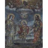ESCUELA COLONIAL SIGLO XVIII Sagrada Familia Óleo sobre lienzo adherido a otro lienzo. 41 x 32 cm.