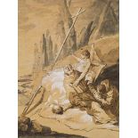 ESCUELA ITALIANA SIGLO XVIII Muerte de San Francisco Tinta, aguada parda, gris y blanca sobre papel.