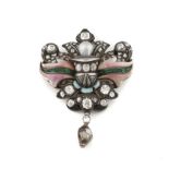 Original broche c.1800 con diamantes de talla antigua, esmalte y perla natural, con perla barroca