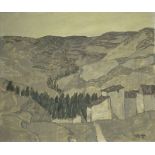 AGUSTÍN REDONDELA (Madrid, 1922 - 2015) Montañas y casas, 1978 Óleo sobre lienzo. 46 x 55 cm.