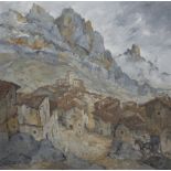 ENRIQUE BRAÑEZ DE HOYOS (Madrid, 1892 - Oviedo, 1976) Paisaje con pueblo y montañas, 1946 Óleo sobre