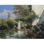 MANUEL GARCÍA Y RODRÍGUEZ (Sevilla, 1863-1925) Jardines de Sevilla Óleo sobre lienzo. 50 x 64 cm.