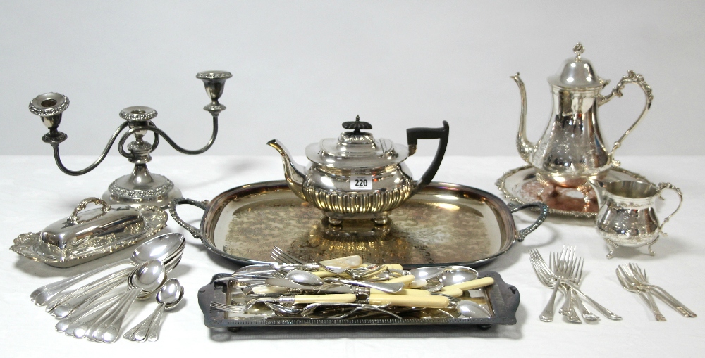 A Walker & Hall silver plated teapot of oblong semi-fluted design; a silver plated engraved