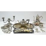 A Walker & Hall silver plated teapot of oblong semi-fluted design; a silver plated engraved