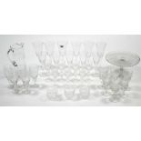 A set of six glass champagne flutes, 8¾” high; two ditto smaller part sets of six glasses; & various