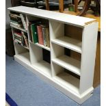 A white painted pine small standing open bookcase, 53½" wide x 33” high; together with various