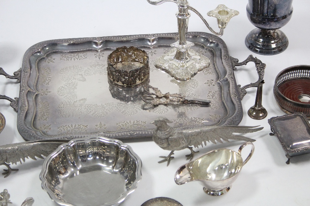 A silver plated engraved rectangular two-handled tea tray; a silver plated twin-branch table - Image 2 of 2