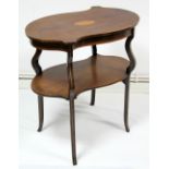 An Edwardian inlaid-mahogany asymmetrical two-tier occasional table on shaped square legs, 27"