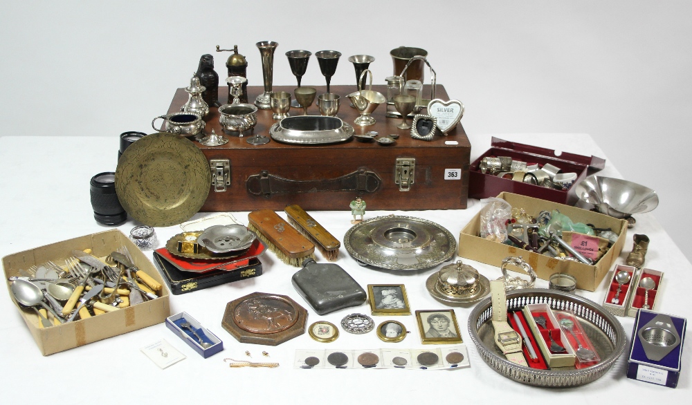 Two camera lenses; together with various items of platedware, cutlery, costume jewellery, etc.