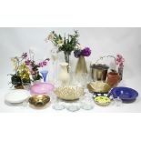 Various glass & other flower vases; various artificial flowers; various large decorative dishes,