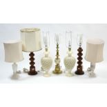 A pair of treen table lamps, each with bobbin-turned centre column, 18½” high; a pair of alabaster