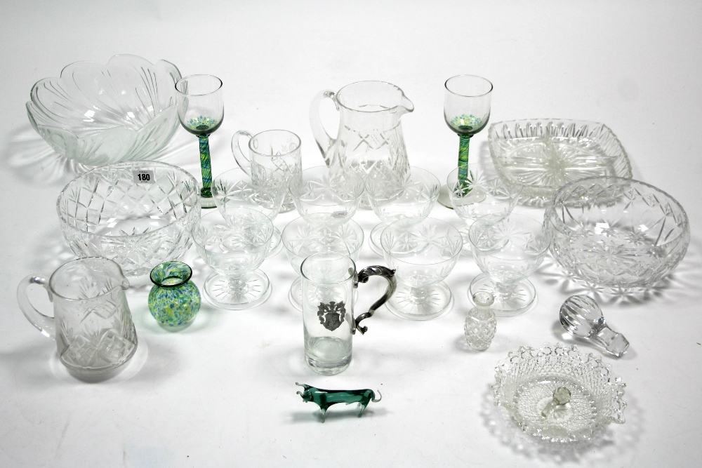 Two heavy cut-glass circular fruit bowls, 7¾” & 7¼” diam.; together with two cut-glass water jugs; a