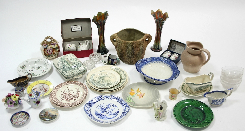 Five items of Victorian green & white transfer-printed dinnerware; a set of four cut-glass finger