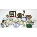 Five items of Victorian green & white transfer-printed dinnerware; a set of four cut-glass finger