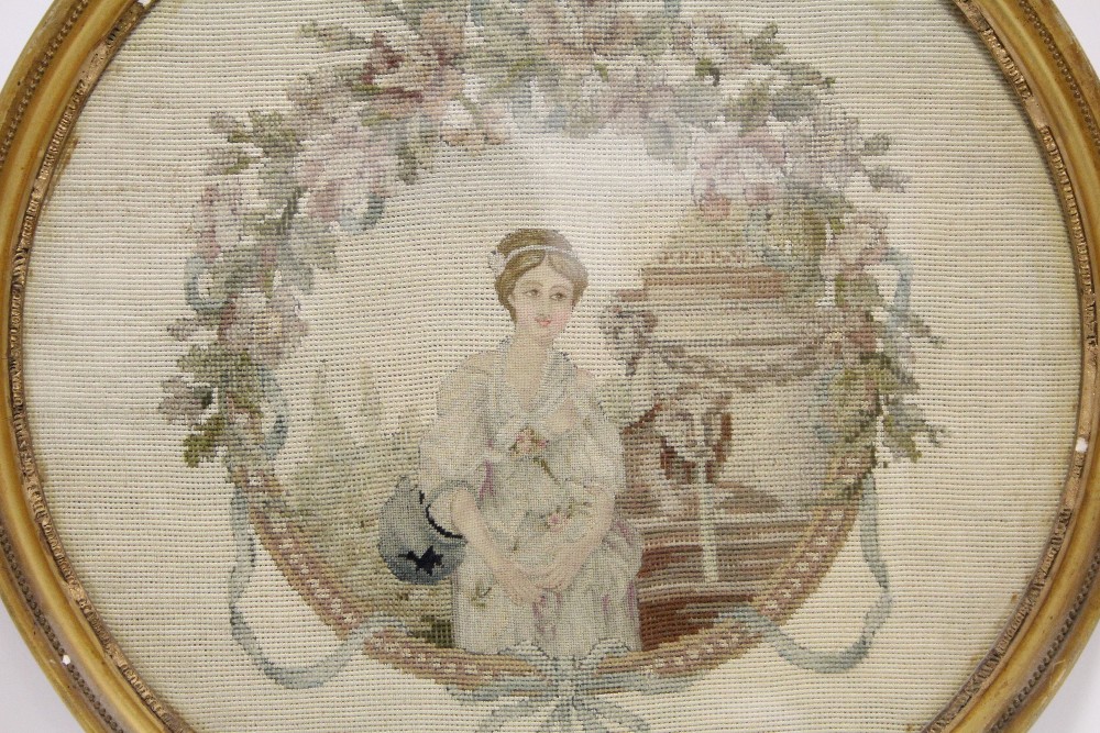 A late 18th/early 19th century gros-point & petit-point needlework picture of a young woman beside a - Image 2 of 4
