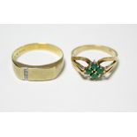 An Austrian gold (585) ring set four small emeralds; & a similar ring set row of three tiny
