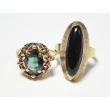 An Austrian gold (585) ring set oval tourmaline; & a similar ring set narrow oval black onyx.