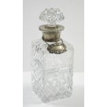A good quality heavy cut glass square decanter with mushroom stopper & silver-mounted neck, 9¼"