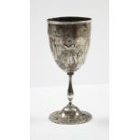 A mid-19th century small trophy cup, the ovoid bowl embossed with riflemen, on slender baluster
