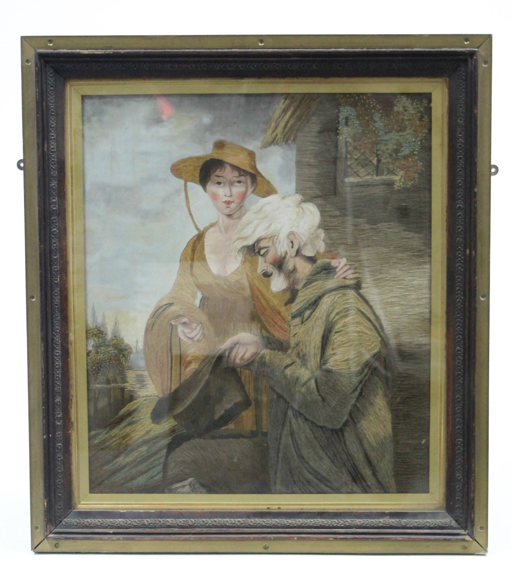An early 19th century silk needlework & painted picture of male & female rustic figures, 21" x