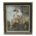 An early 19th century silk needlework & painted picture of male & female rustic figures, 21" x