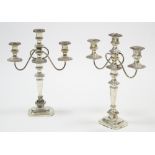 A PAIR OF SHEFFIELD TABLE CANDELABRA, each with two reeded scroll arms & a taller central sconce,