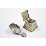 An onyx small square inkwell with tapered sides & silver mounts to the hinged cover, 1½" high,