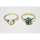 A continental gold (585) ring set cluster of turquoise beads with small ruby to the centre; & a