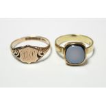 A 9ct. gold signet ring, Birmingham 1910; & an Austrian gold (585) signet ring set agate matrix.