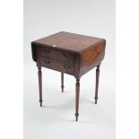 A reproduction inlaid-mahogany drop-leaf side table fitted two long graduated drawers & on turned