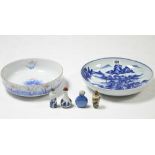 A Chinese porcelain dish with blue & white river landscape design, 10½" diam.; together with a