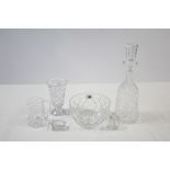 A heavy cut-glass mallet shaped decanter, 13¼" high; a heavy cut-glass fruit bowl 6¾" diam.; &