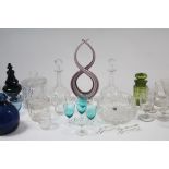 A heavy cut-glass circular fruit bowl; a pair of heavy cut-glass bulbous decanters; & various