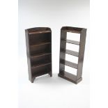 Two 1930's small oak standing five-tier open bookcases, 18" wide x 39½" high, & 19" wide x 42"